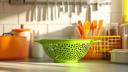 A kitchen counter adorned with a lime green colander, orange cooking utensils, and a yellow spice rack for a bright,