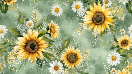 Watercolor Sunflowers and Daisies on Sage Green Background