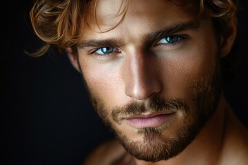 Fototapeta premium Close up studio portrait of a confident male model with striking blue eyes, brown hair, and beard, conveying a sense of assertiveness