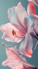 Close up of pale pink amaryllis flowers blooming against a contrasting teal background, showcasing delicate petals and vibrant colors
