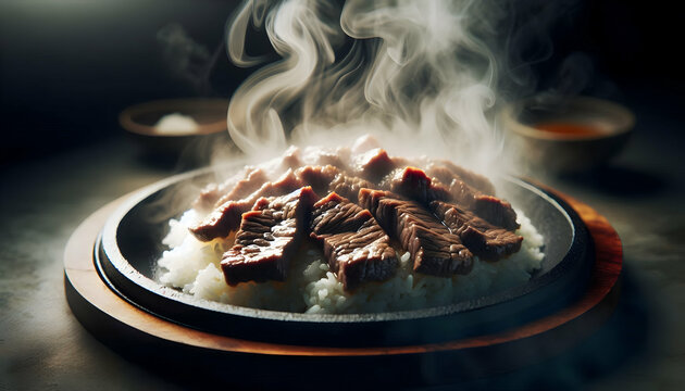 Japanese Food A focused shot of one sizzling hot plate with tender beef slices cooking on top of rice, with the st4