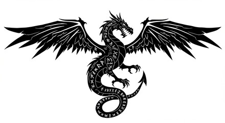 Obraz premium Intricate black dragon illustration with wings spread, showcasing detailed scales and mystical symbols - dragon tattoos with wings