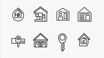 Minimalist line icon set featuring a house, apartment, key, 'For Sale' sign, location pin, contract, and blueprint, designed with clarity and precision