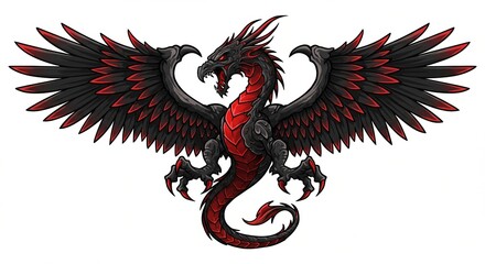 Naklejka premium Majestic black and red dragon with outstretched wings soaring against a white background - dragon tattoos with wings