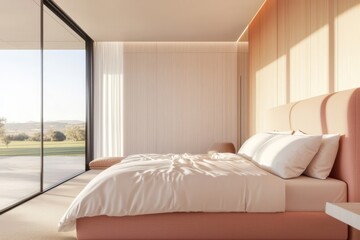 Create a peaceful atmosphere in a bedroom with large windows.