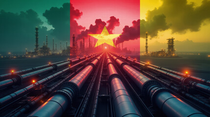 Oil pipelines leading to a refinery, overlaid with the Cameroon flag. A concept of energy industry, fuel production, and economic power.