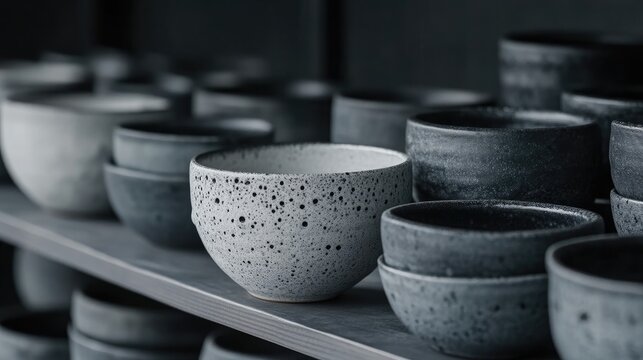Ceramic bowls in various shades of gray and white on shelves