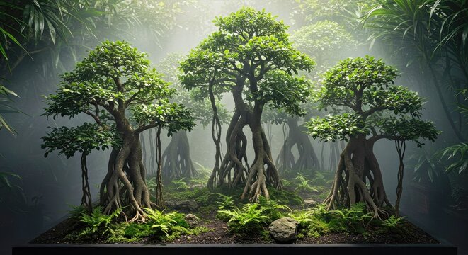 A Fig Tree Forest Bonsai (Ficus Microcarpa or Similar Species Suitable for Forest Style) Within a Simulated Misty Jungle Biome Environment