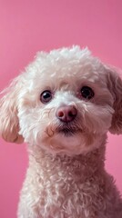Dog gets hair cut at Pet Spa Grooming Salon. Closeup of Dog. the dog has a haircut. comb the hair. pink background. groomer concept. on white background.