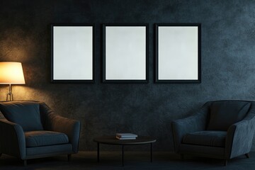 Dark room interior with three framed mockups, cozy armchairs, and a table. Use for interior design or art gallery