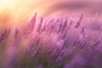 Fototapeta premium Beautiful Lavender Fields Under a Soft Sunset Glow with Blurry Backgrounds in Vibrant Colors