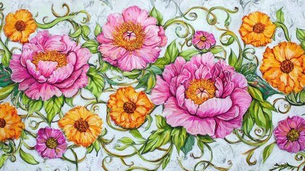 Floral tapestry, vibrant blooms, intricate vines