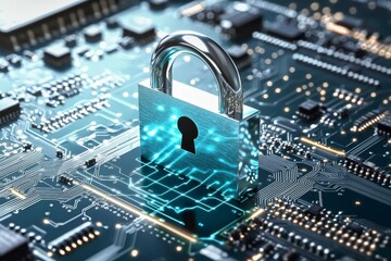 A visually striking padlock emblem set on an electronic circuit board.