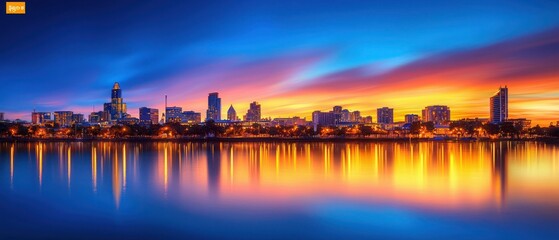 Fototapeta premium Stunning city skyline at sunset with vibrant colors reflecting on the water.