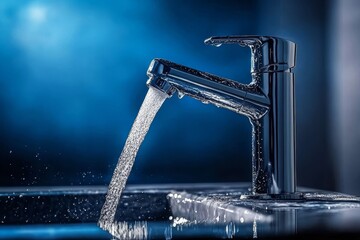 The dynamic movement of water contrasts beautifully with a serene blue backdrop.