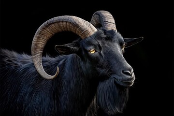 Naklejka premium A striking black goat with impressive long curved horns.