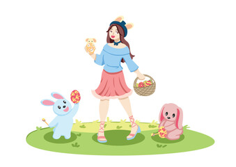 vector illustration cute girl with bunny ears and rabbits preparing colorful Easter eggs