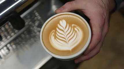 Coffee Artistry: Barista Pouring Steamed Milk into Cappuccino Cup in Coffee Shop