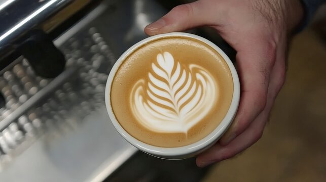 Coffee Artistry: Barista Pouring Steamed Milk into Cappuccino Cup in Coffee Shop