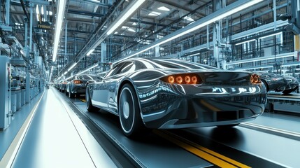 Obraz premium Modern luxury cars in an automated assembly line in a futuristic factory