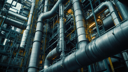 Complex Industrial Plant Piping System with Metal Pipes and Steel Structures with Detailed Architecture and Engineering in Blue and Yellow