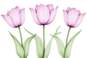 Fototapeta premium Elegant Pink Tulip Flowers Illustration with Green Leaves Against a Transparent Background a Botanical Art Design for Spring Season