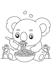 Coloring book cute koala eating noodle food