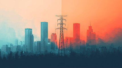 Fototapeta premium A striking cityscape featuring a skyline divided by contrasting colors, with a prominent power tower and lush foreground.