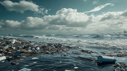 Polluted beach covered with plastic waste and debris under a cloudy sky