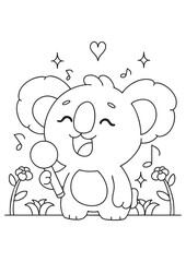 Coloring book koala singing with hold microphone illustration