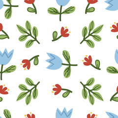 White background featuring blue and red flowers with green stems in a scattered pattern, perfect for nature-inspired designs.