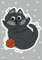 Illustration of a cute cat on a grau background with hearts, can be used as a print for clothes, dishes, notebooks and other accessories