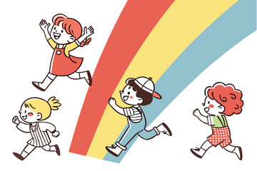 24 Colorful cartoon children, diverse hairstyles, simple shapes, playful poses, jumping and running, vibrant primary colors, red yellow blue green, hand-drawn style, minimalist characters, joyful expr