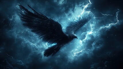 Dark mystical bird of prey soars through a stormy night sky filled with lightning.