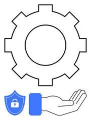 Gear for process, shield for security, and open hand for care. Ideal for technology, process, support, safety, security management service. Minimal flat simple metaphor