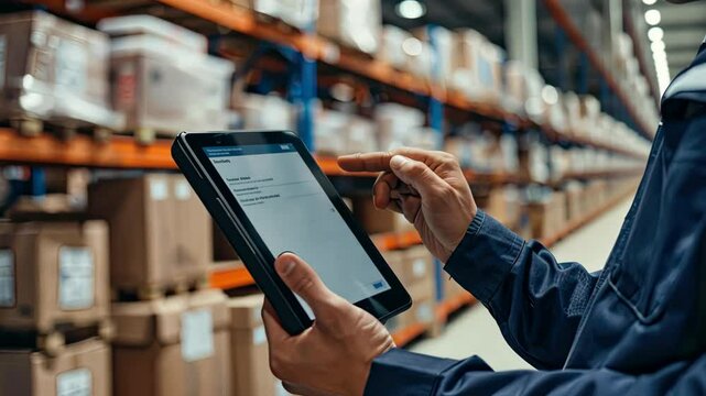 Employee tracks and updates inventory using a tablet in a busy warehouse filled with stacked boxes during working hours