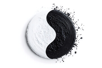 A circular yin-yang symbol is depicted, blending black and white textures, emphasizing balance and harmony with a scattering of particles.