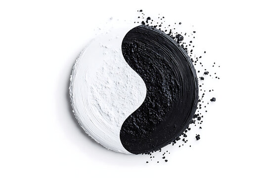 A circular yin-yang symbol is depicted, blending black and white textures, emphasizing balance and harmony with a scattering of particles.