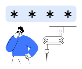 Thinking man beside a robot arm under password field with asterisks. Ideal for cybersecurity, automation, technology, password creation, data protection, robotic innovation, digital safety. Flat