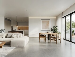 Modern open-plan living area with kitchen and patio view