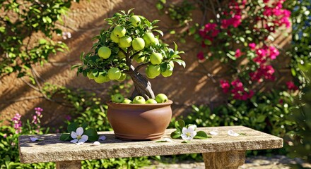 An Apple Bonsai Tree Pot Resting on a Weathered Stone Bench in a Sun-Drenched Mediterranean Garden