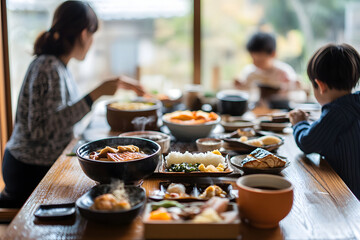 家族の温かい食卓と和食の美しい盛り付け