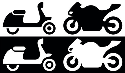 Set of Scooter and Sports Bike Icons in outline style. Minimalist Vector illustration isolated on Black and White backgrounds.