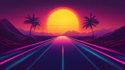 Naklejka premium A retro style highway stretches to the bright setting sun