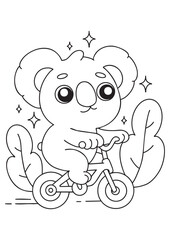 Coloring book page koala ride cute bicycle in nature