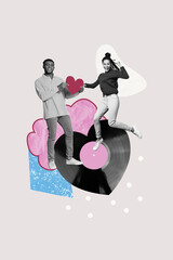 Composite trend artwork 3D sketch image photo collage of party vinyl vintage love valentine day couple young guy lady hand hold present