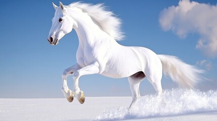 Fototapeta premium Majestic White Stallion Galloping Across Snowy Landscape Under a Bright Blue Sky