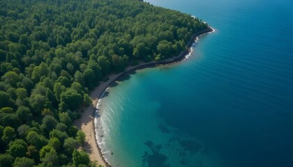 Breathtaking Aerial Perspective of a Turquoise Lake, Ocean, or Sea Amidst Verdant Summer Woods