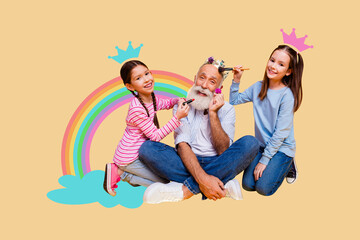 3D collage design composite trend artwork sketch of copyspace rainbow two school age girl funny makeover aged man grandfather royal crown