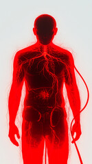 A stylized silhouette of a human body highlighted by red veins and arteries, symbolizing the circulatory system.